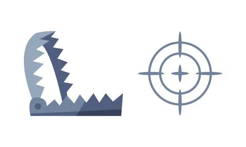 Open Metal Trap with Sharp Toothed Edge and Gun Aim Sight as Hunting Vector Set イラスト素材
