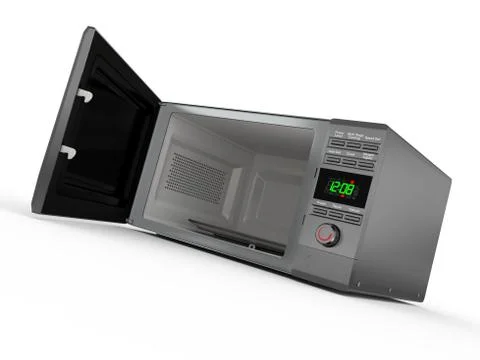 Open metallic microwave on white background. 3d Stock Illustration