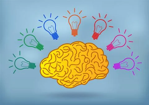 Open Mind Illustration Creative ideas. Yellow brain with multiple light bulbs 스톡 일러스트
