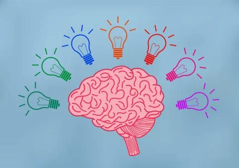 Open Mind Illustration Creative ideas. Yellow brain with multiple light bulbs Stock Illustration