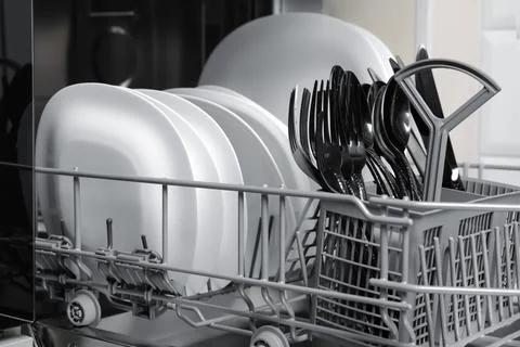 Open modern dishwasher with clean tableware, closeup Stock Photos