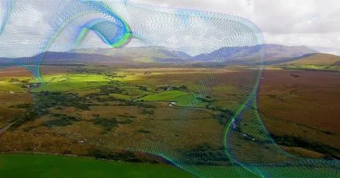 Open moorland and patchwork fields stretching across rural valley, with 库存照片