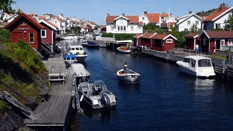 Open motorboat in strait Stock Footage 91435260