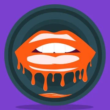 Open mouth with biting lips melts and flows in a circle against a purple Stock Illustration