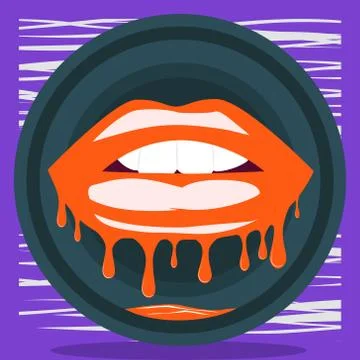 Open mouth with biting lips melts and flows in a circle on a purple background Stock Illustration