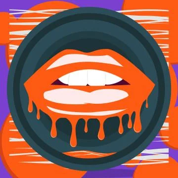 Open mouth with biting lips melts and flows in a circle on a purple red Stock Illustration