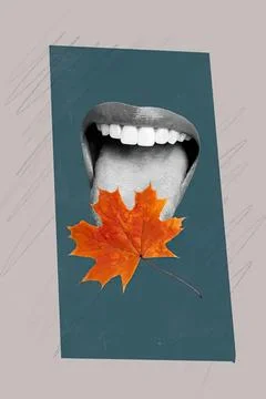 Open mouth with a fall leaf and teeth on blue background Stock Photos