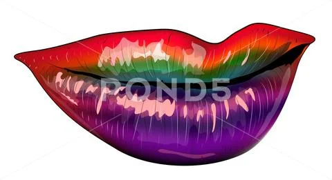 Open Mouth with Rainbow color paint flow Lips Biting. Vector rainbow lips Stock Illustration