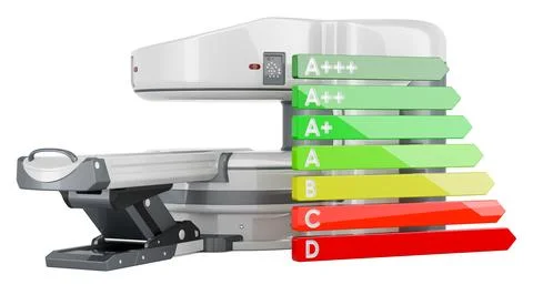 Open MRI machine with energy efficiency chart, 3D rendering Stock Illustration