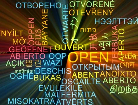 Open multilanguage wordcloud background concept glowing Stock Illustration
