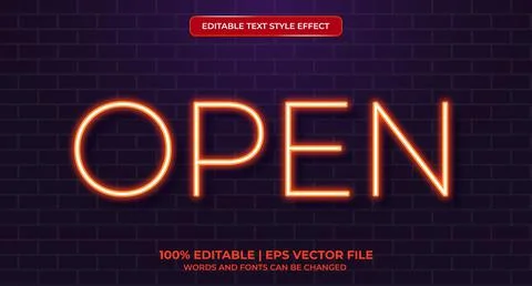 Open neon glowing text effect isolated on brick background. Editable text eff Stock Illustration