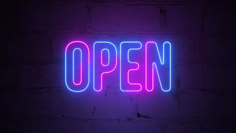 Open  neon sign light on brick wall background concept animation retro style Stockbeeldmateriaal 269140017