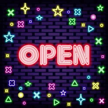 Open Neon sign. Neon script. Neon text. 스톡 일러스트
