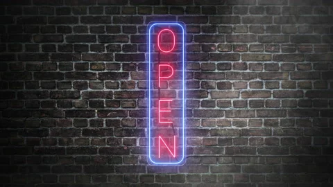 Open neon signboard, simulation of real signboard on bricks wall background. Video stock 220857595