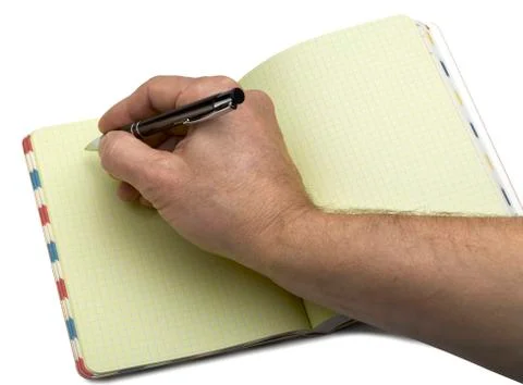 Open note book with crossed lined pages and ballpoint pen Stock Photos