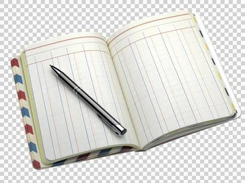Open note book with lined pages and ballpoint pen Stock Photos