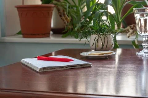 Open notebook and red pen on a wooden table beside potted plants and a smal.. Stock Photos