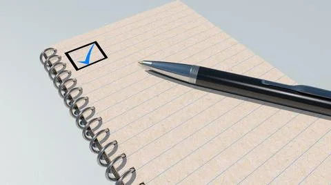 An open notebook with a ballpoint pen and a check mark. 3D rendering Stock Illustration