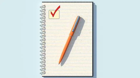 An open notebook with a ballpoint pen and a check mark. 3D rendering Stock Illustration