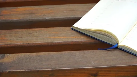 Open Notebook on bench in park, business concept Stock Footage 93342178