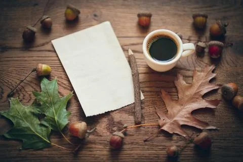 Open notebook with blank page, coffee cup, pen, chocolate hearts Stock Photos