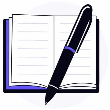 An open notebook with blank pages and a sleek black pen resting on top isola Stock Illustration