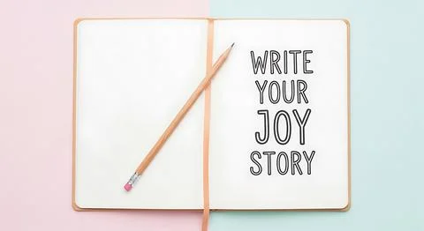 Open notebook with blank pages and wooden pencil, one side reads write your.. Ilustración de archivo