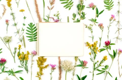 Open notebook with blank space for text on wildflowers background Stock Photos