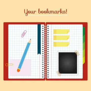 Open notebook with bookmarks and other elements in flat design Stock Illustration