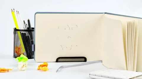 Open notebook on a desk transforms from illegible scribbles to clearly Stock Footage 335102262