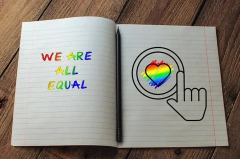 Open Notebook with Equality Message and Rainbow Heart IllustrationBack to school Stock Photos