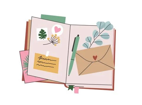 Open notebook. Hand drawn personal diary vector illustration. Note book flat Stock Illustration