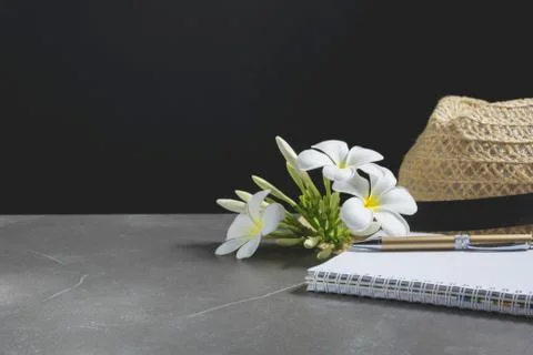 Open notebook with hat. Book open, with pen and flower on table dark tone bac Stock Photos