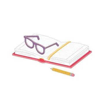 Open notebook lies on the table with glasses and a pencil. Vector illustration Stock Illustration
