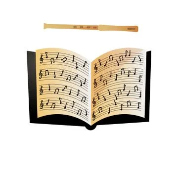 Open notebook with musical notes and modern wood flute Stock Illustration