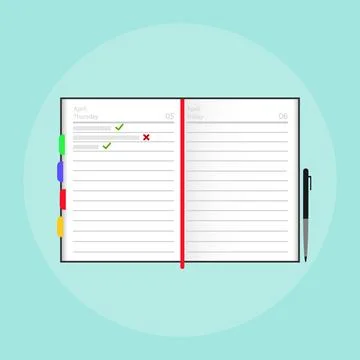 Open notebook with notes and pen Stock Illustration