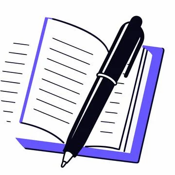 An open notebook with a pen resting on top isolated on conveying a sense of Stock Illustration