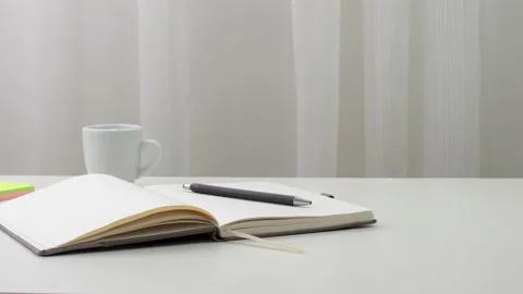 Open Notebook, Pen, Sticky Notes And Cup Of Coffee On A Home Office Desk. Stock Footage 154205004