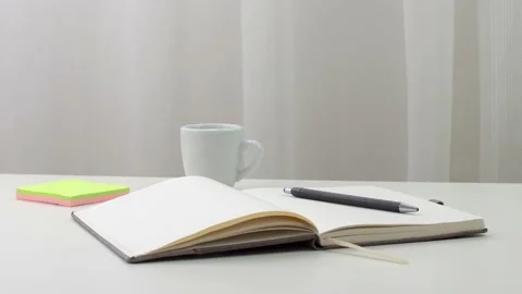 Open Notebook, Pen, Sticky Notes And Cup Of Coffee On A Home Office Desk. Stock Footage 154206863