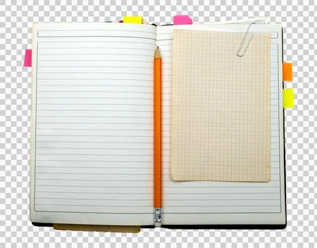 Open notebook with pencil, paper clip, and notepad isolated Stock Photos