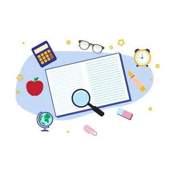 Open Notebook with Red Apple, Blue Calculator, Yellow Clock, and Brown Glas.. Stock Illustration