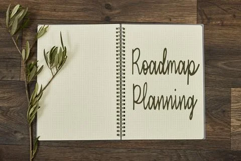 Open Notebook with Roadmap Planning Text and olives Leaf Decoration on Wooden Su Stock Photos