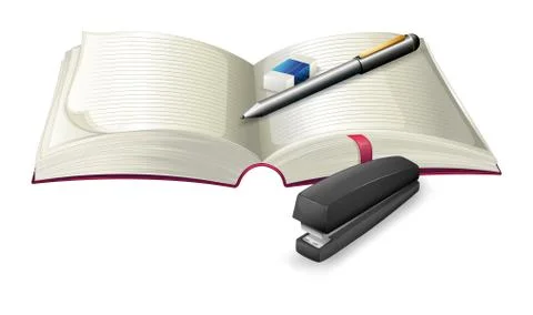 An open notebook with a stapler, a pen and an eraser 스톡 일러스트