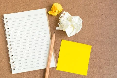 Open notebook with sticky notes and pencil Stock Photos