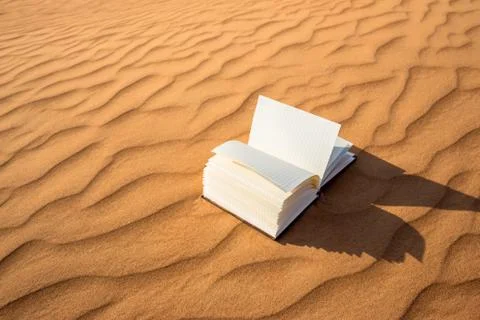 Open notebook stranded in the golden desert dunes during sunset Stock Photos