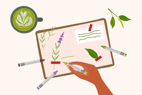 Open Notebook on table. Diary with stick notes, bookmarks, herbarium. Human hand Stock Illustration
