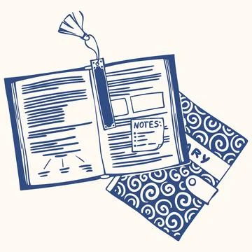 Open Notebook with Tassel Bookmark and Notes Sticker. Hand Drawn Doodle Sty.. Stock-Illustration