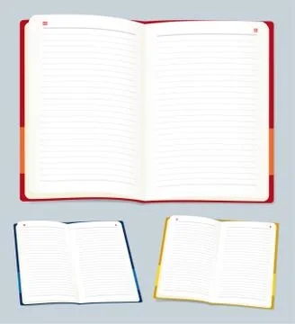 Open notebook in various positions and colors. Stock Illustration