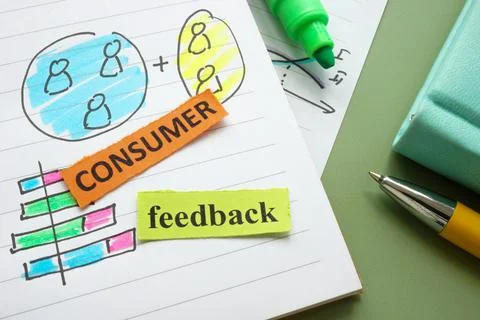 Open notebook with words consumer feedback. Customer opinions and business im Stock Photos