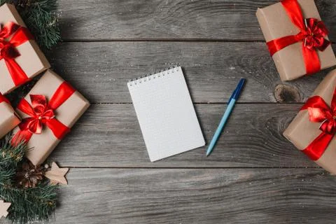 Open Notebook Xmas Gift Boxes Side Arrangement Stock Photos